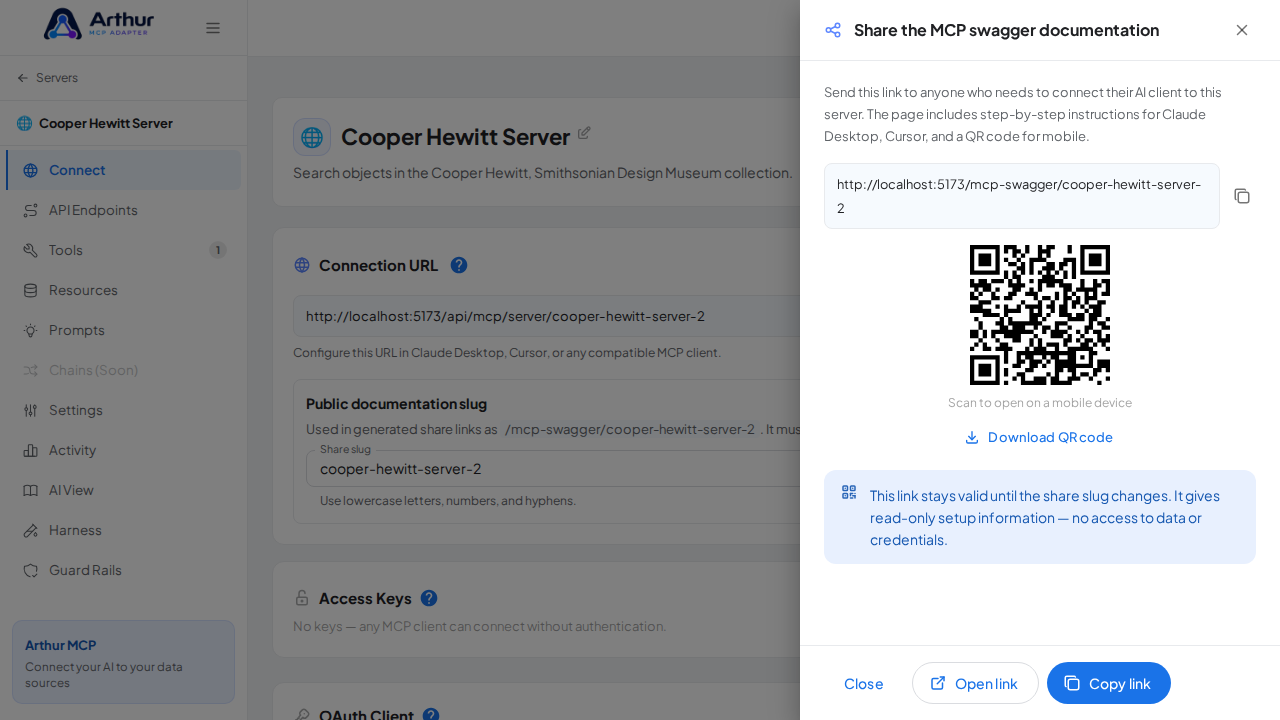 Open the MCP swagger documentation share panel