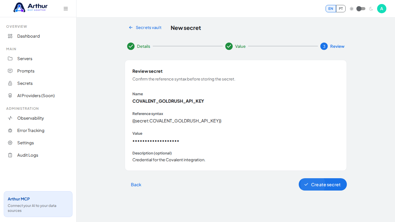 Review the generated secret reference syntax