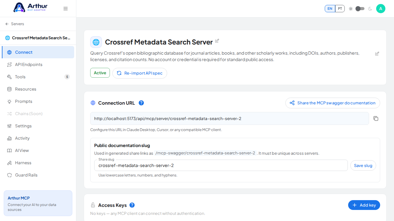 Open the server's Connect section, where the MCP endpoint and its documentation live