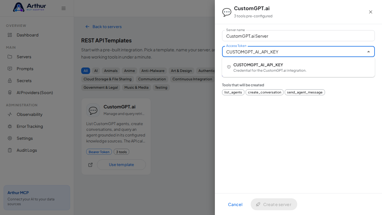 Pick the CUSTOMGPTAIAPIKEY secret from the vault suggestions