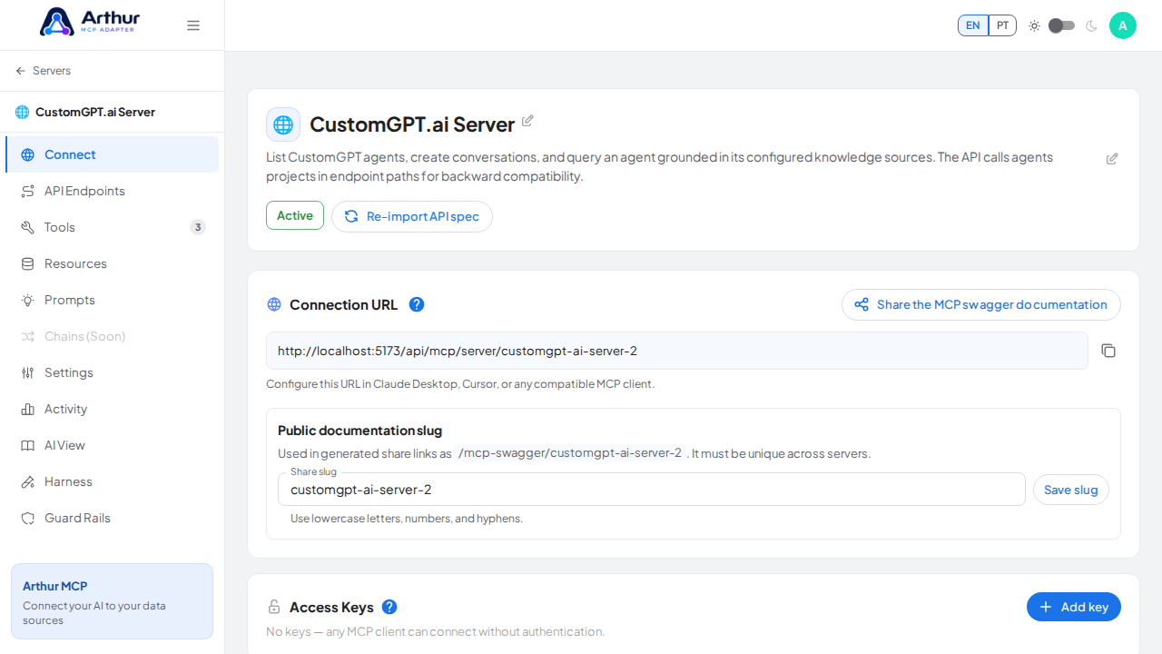 Create the CustomGPT.ai server with its preconfigured tools