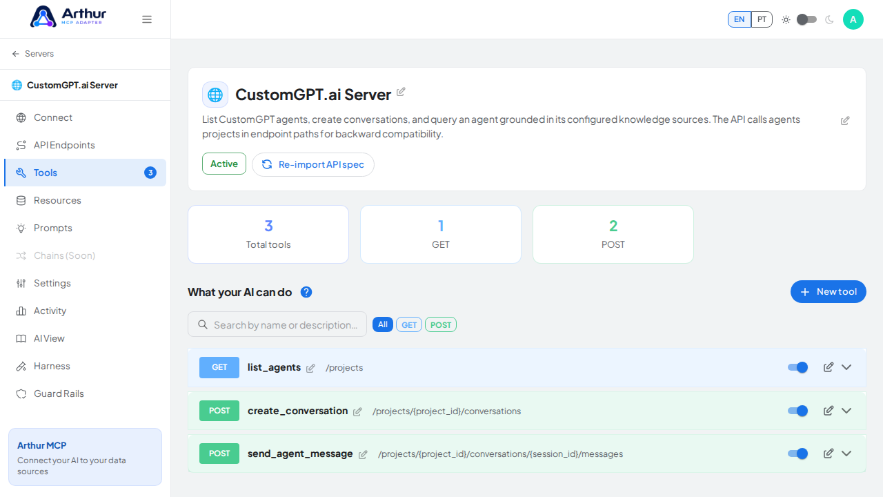 Review the tools generated from the CustomGPT.ai template