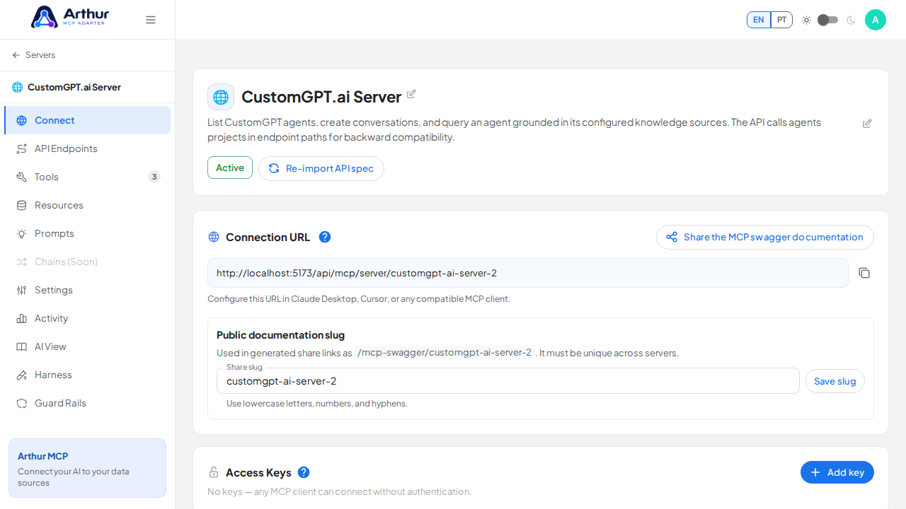 Open the server's Connect section, where the MCP endpoint and its documentation live