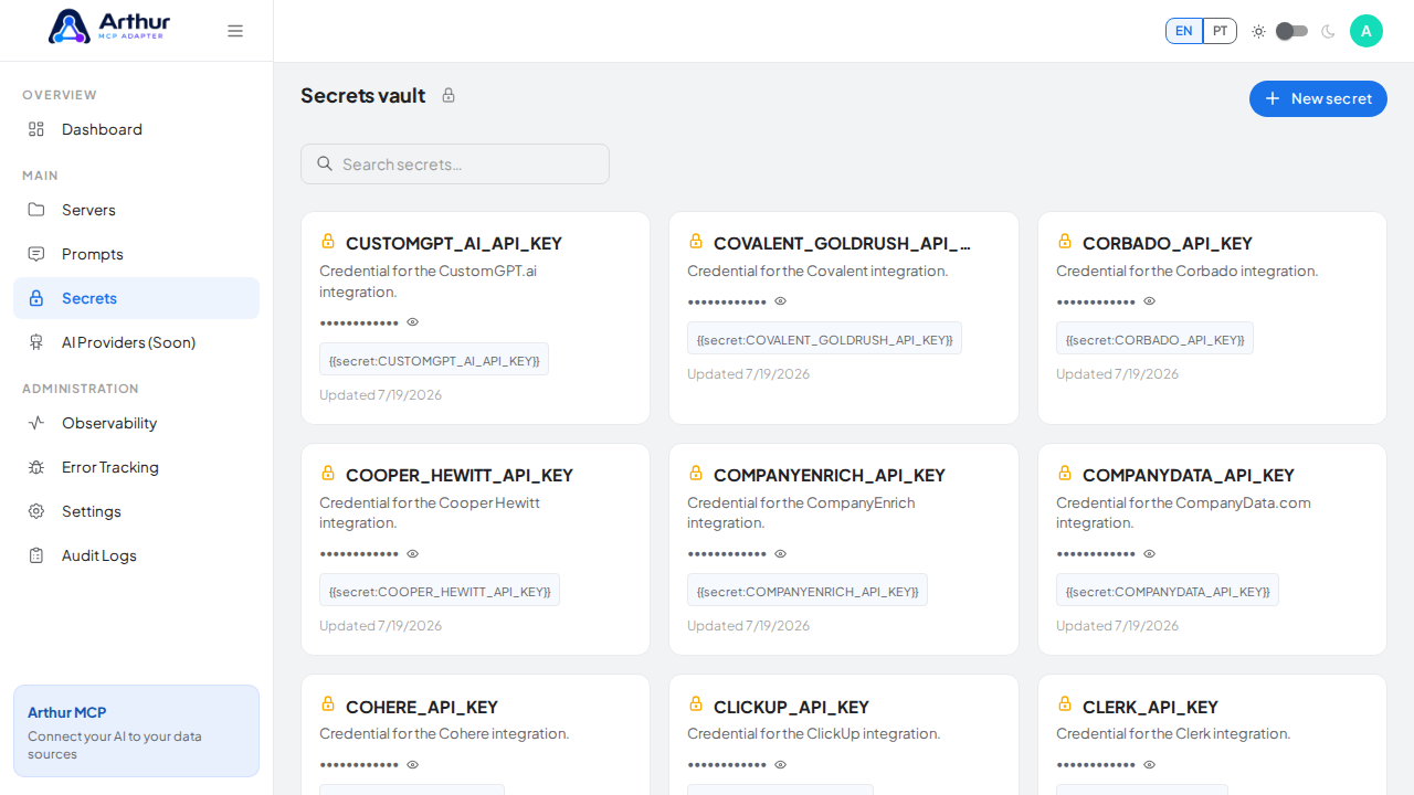 Open the Secrets vault to store the DataJud credential before using the template