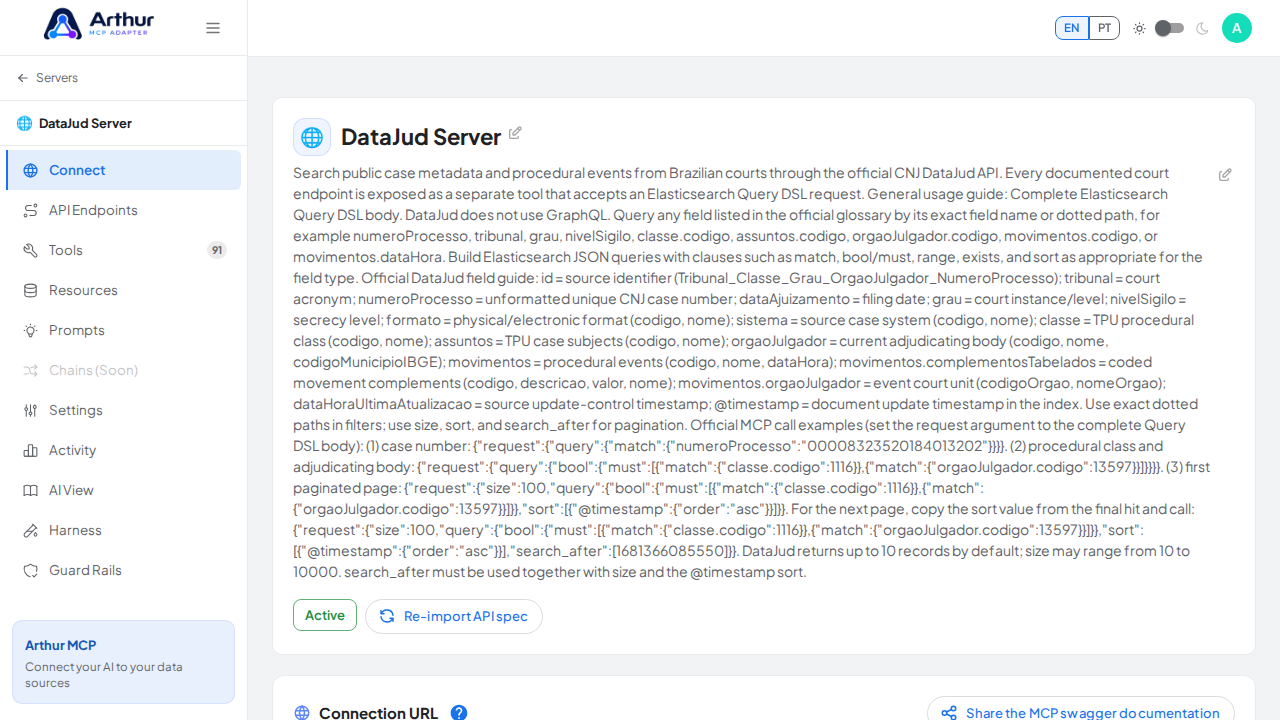 Open the server's Connect section, where the MCP endpoint and its documentation live
