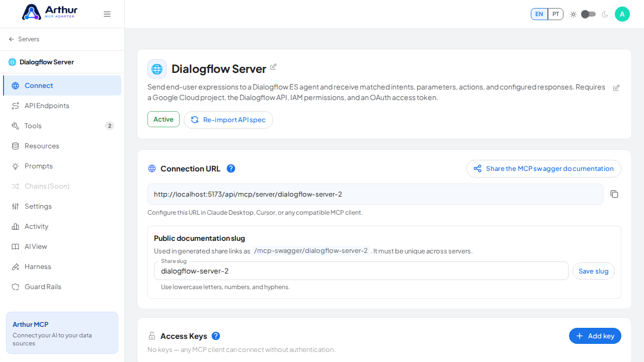 Open the server's Connect section, where the MCP endpoint and its documentation live