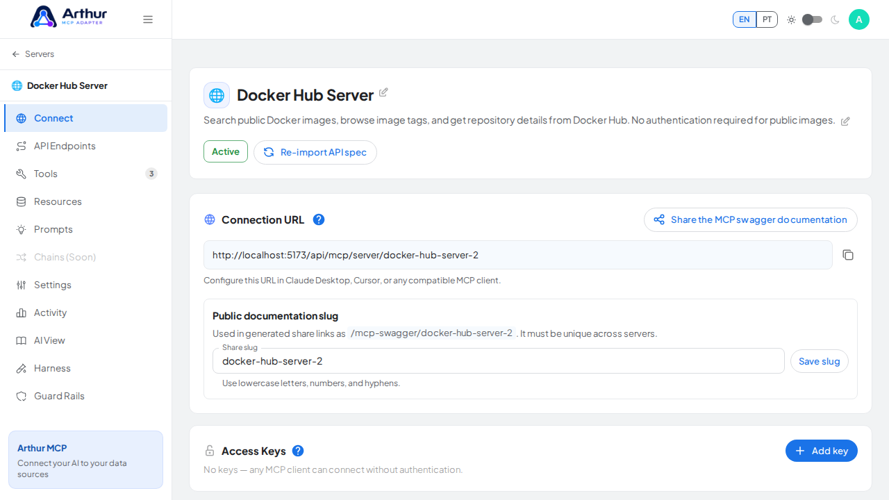 Open the server's Connect section, where the MCP endpoint and its documentation live