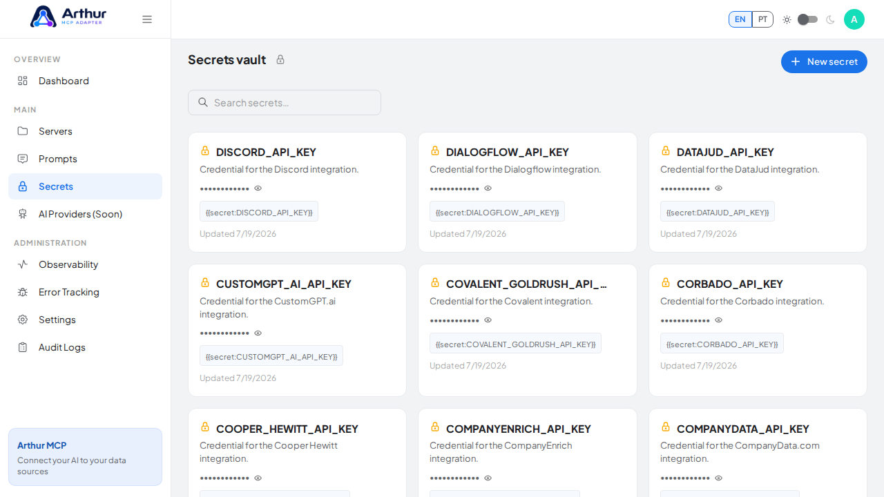 Open the Secrets vault to store the Domainsdb.info credential before using the template