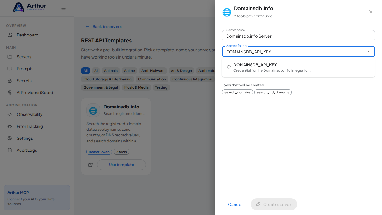 Pick the DOMAINSDBAPIKEY secret from the vault suggestions