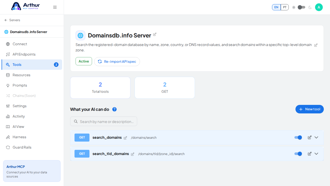 Review the tools generated from the Domainsdb.info template