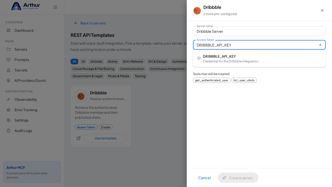 Pick the DRIBBBLEAPIKEY secret from the vault suggestions