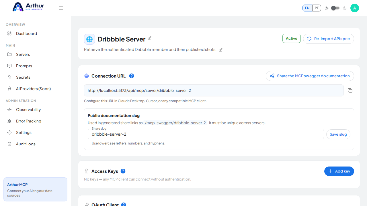 Create the Dribbble server with its preconfigured tools