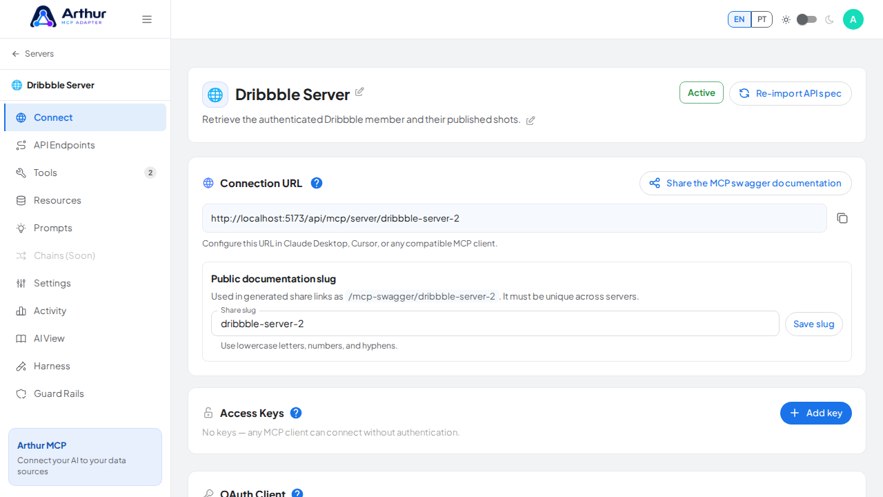 Open the server's Connect section, where the MCP endpoint and its documentation live