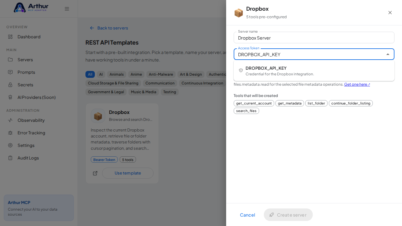 Pick the DROPBOXAPIKEY secret from the vault suggestions