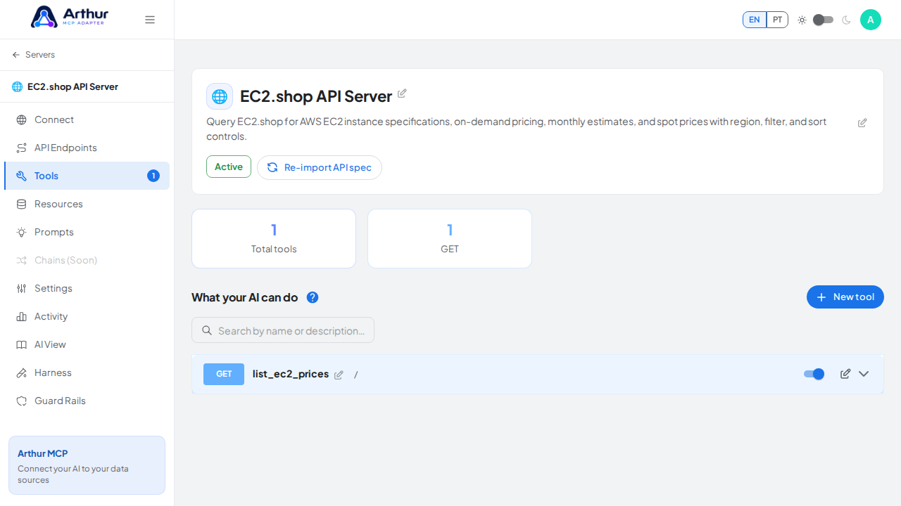 Review the tools generated from the EC2.shop API template