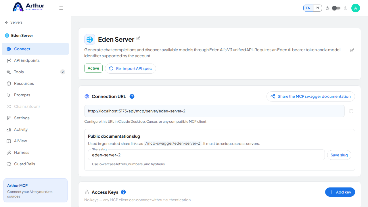 Open the server's Connect section, where the MCP endpoint and its documentation live