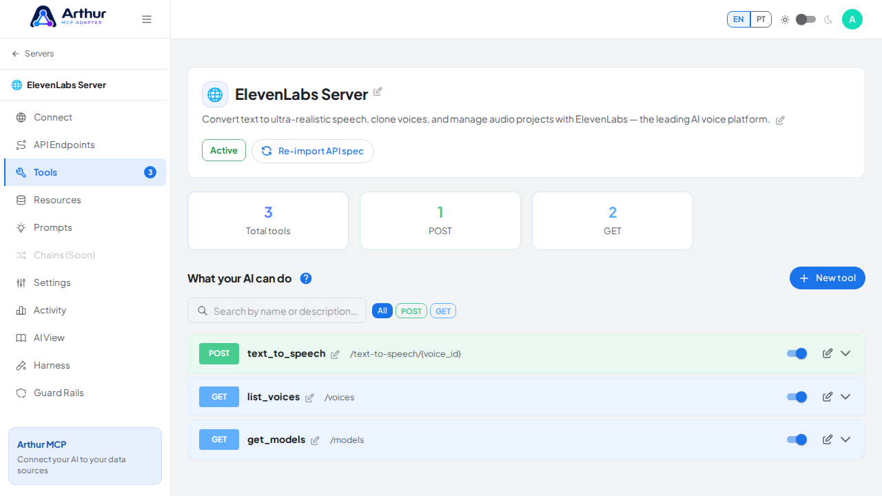 Review the tools generated from the ElevenLabs template