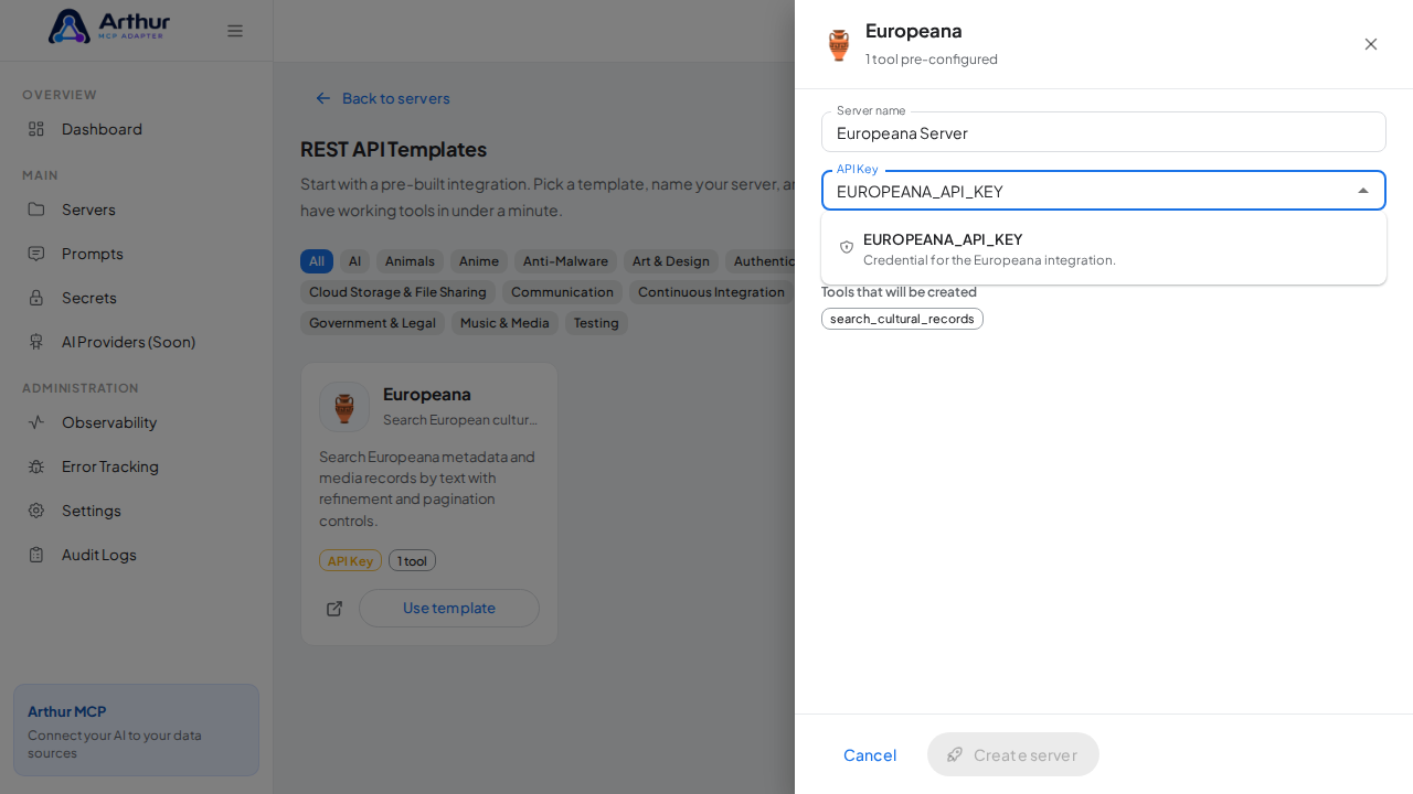 Pick the EUROPEANAAPIKEY secret from the vault suggestions