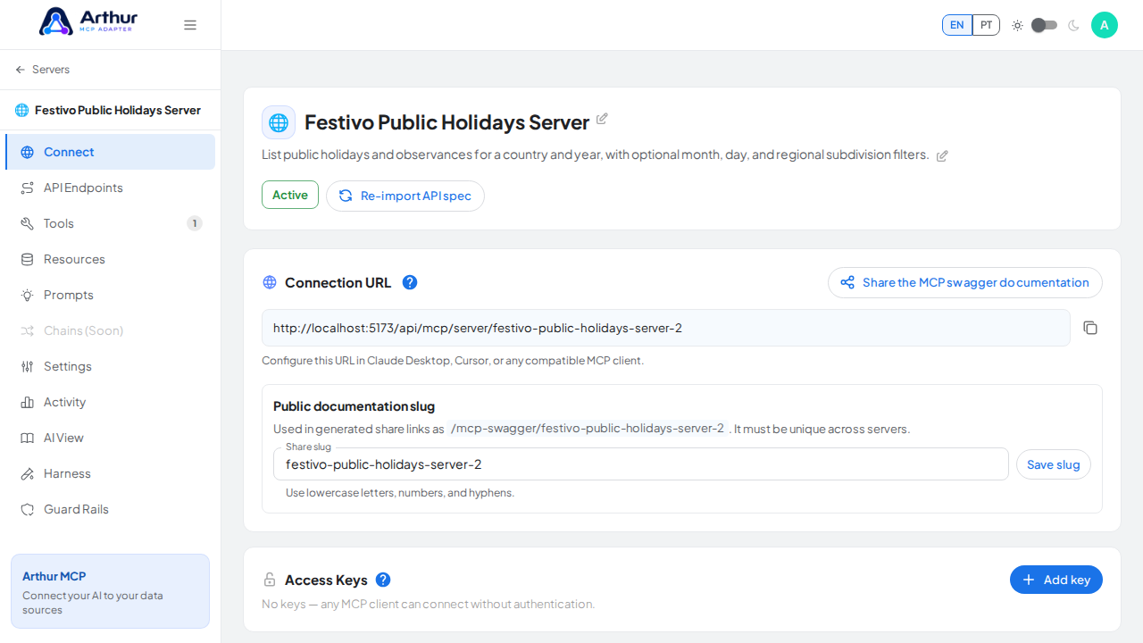 Open the server's Connect section, where the MCP endpoint and its documentation live