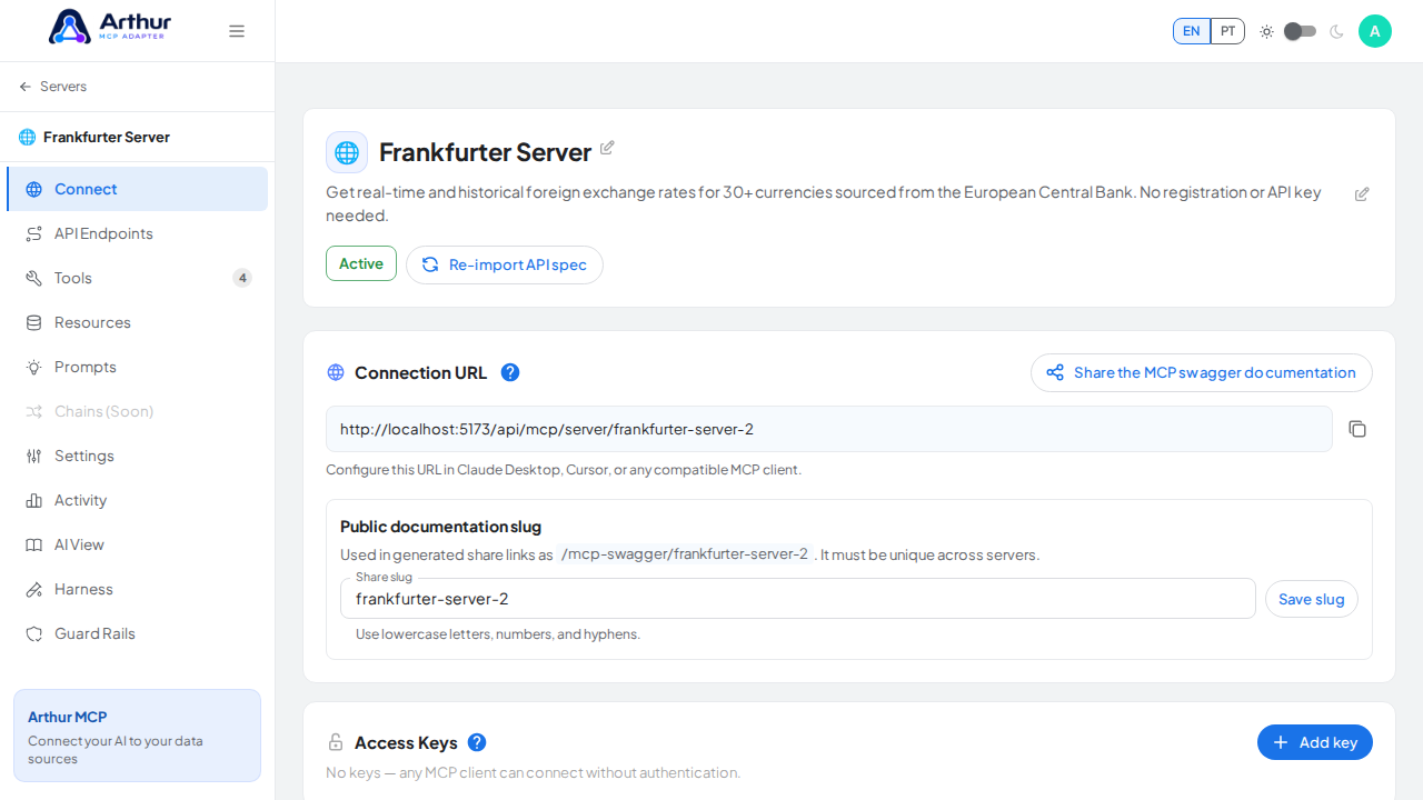 Open the server's Connect section, where the MCP endpoint and its documentation live