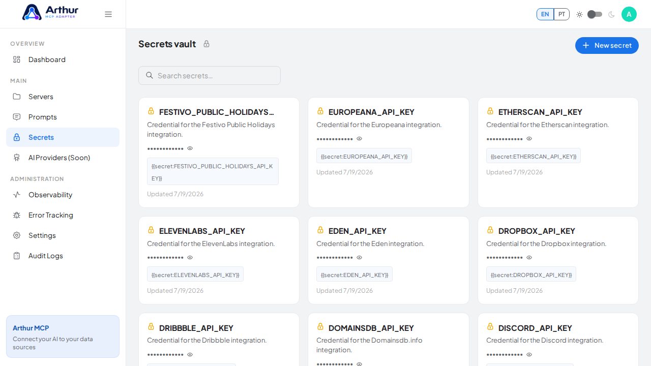 Open the Secrets vault to store the Freelancer credential before using the template