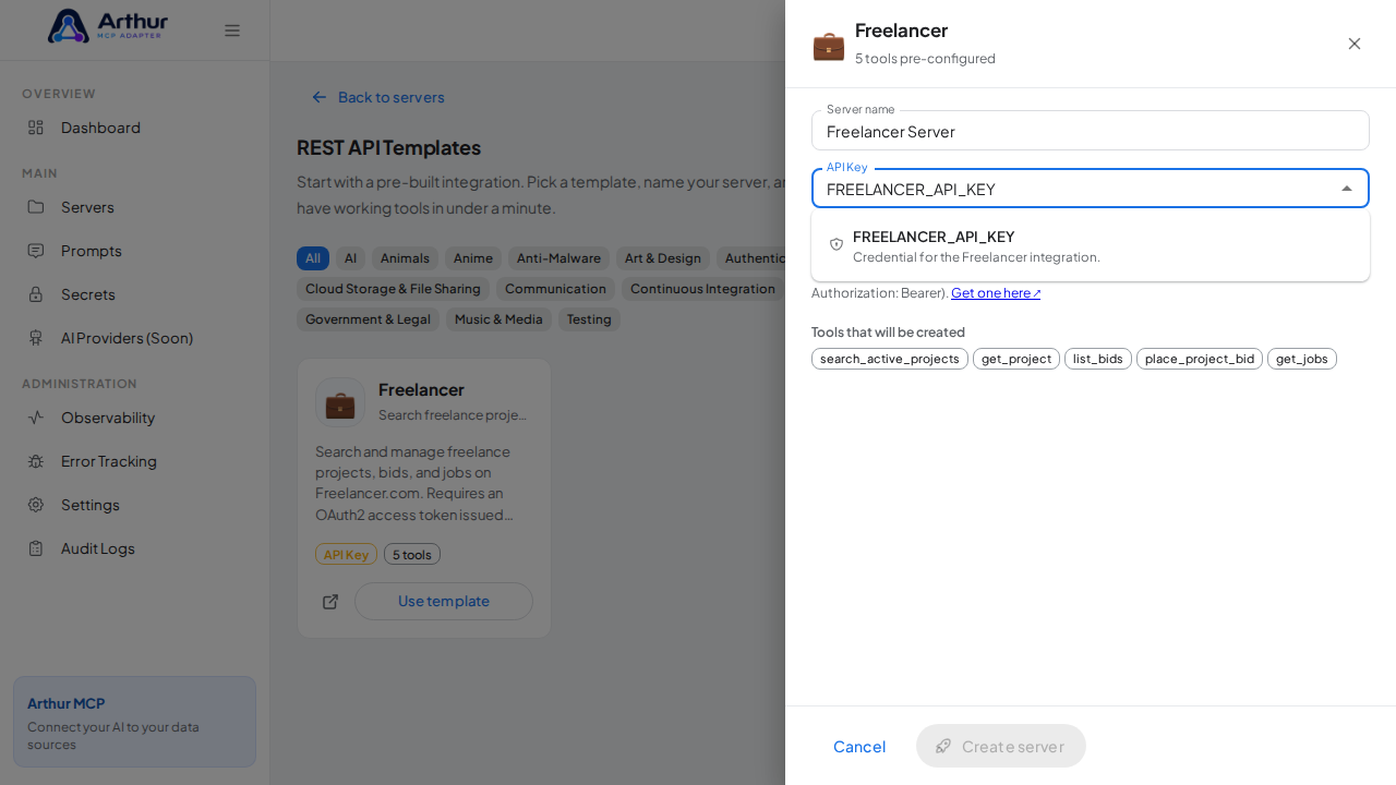 Pick the FREELANCERAPIKEY secret from the vault suggestions