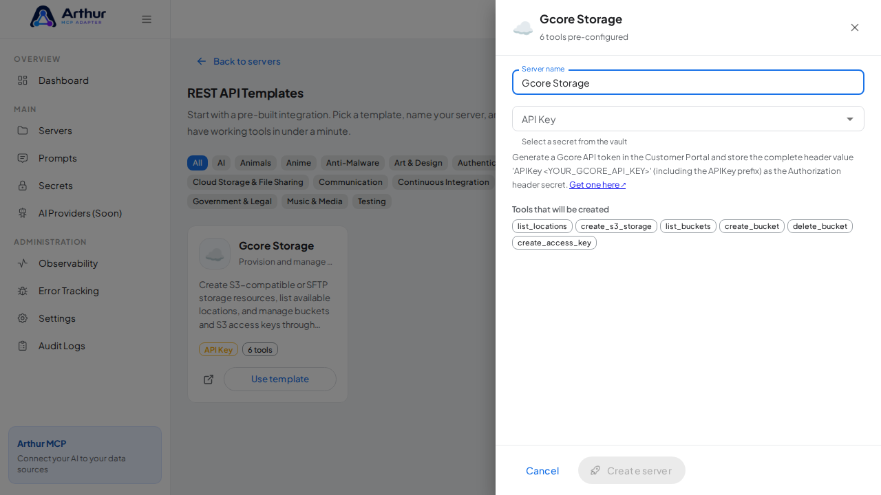 Open the Gcore Storage template with its preconfigured tools