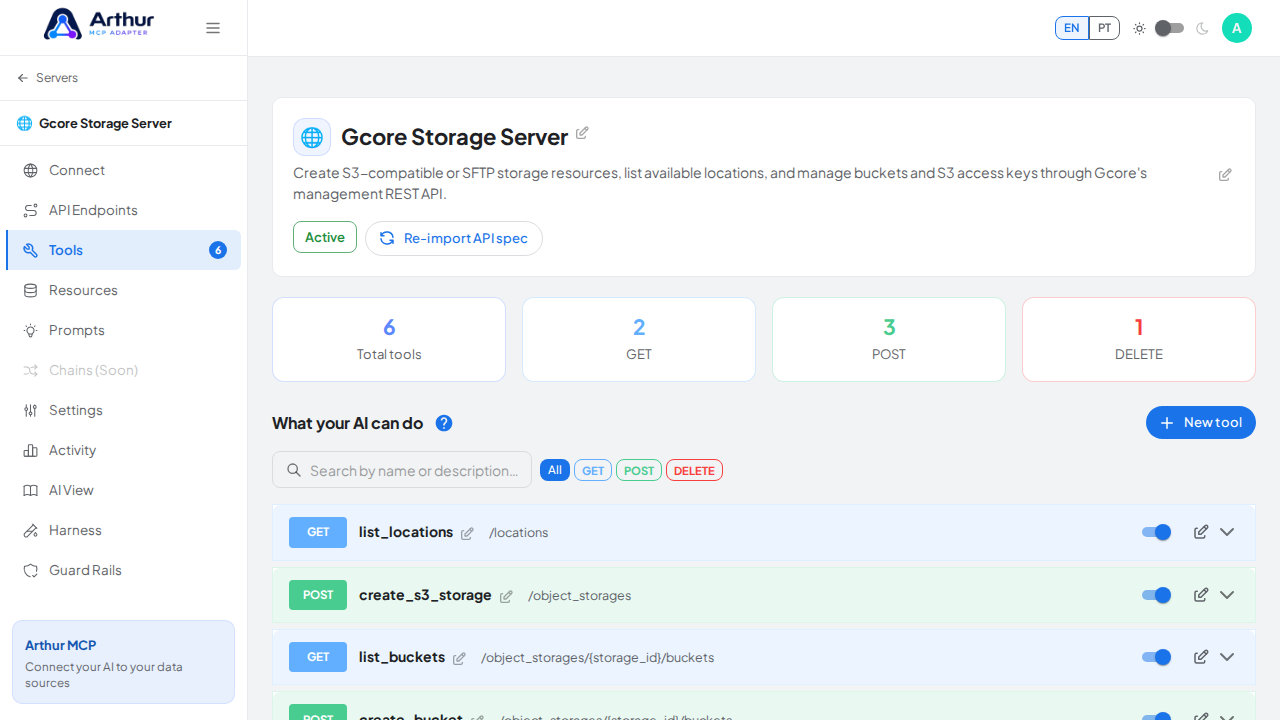 Review the tools generated from the Gcore Storage template