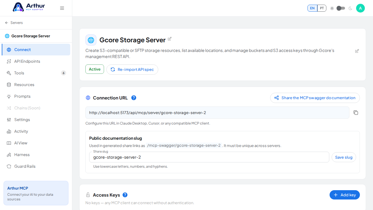 Open the server's Connect section, where the MCP endpoint and its documentation live