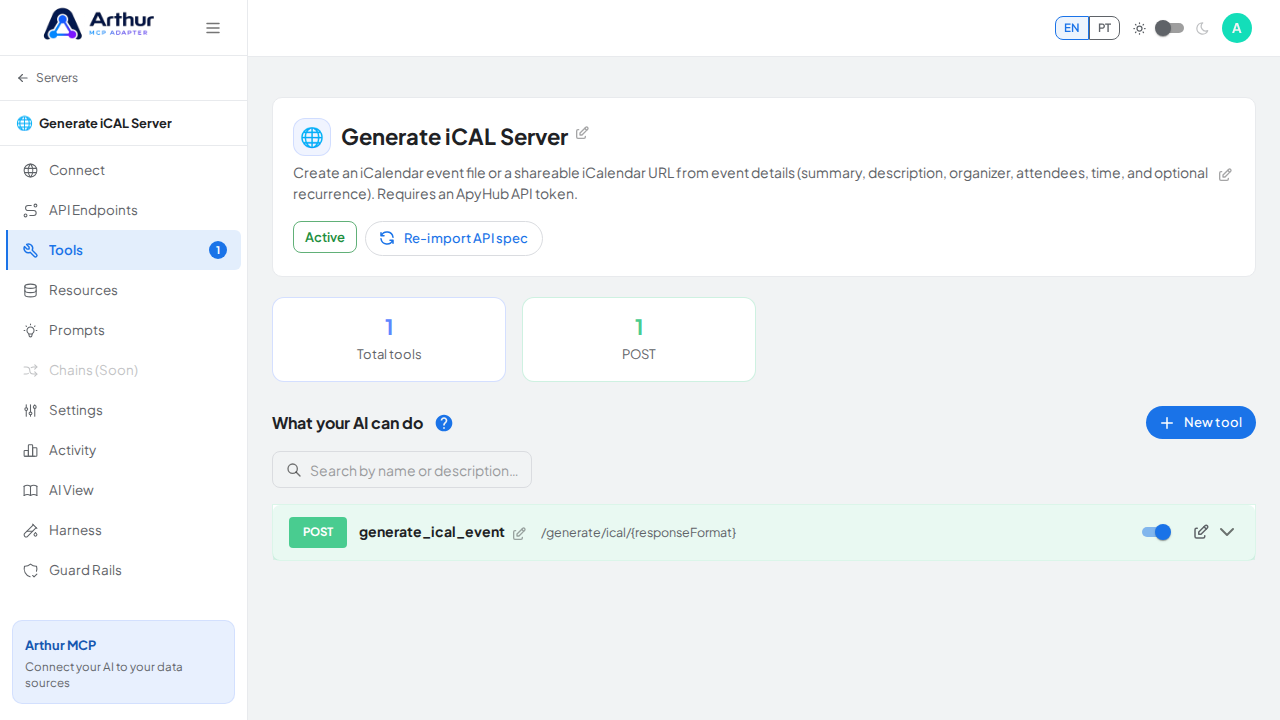 Review the tools generated from the Generate iCAL template