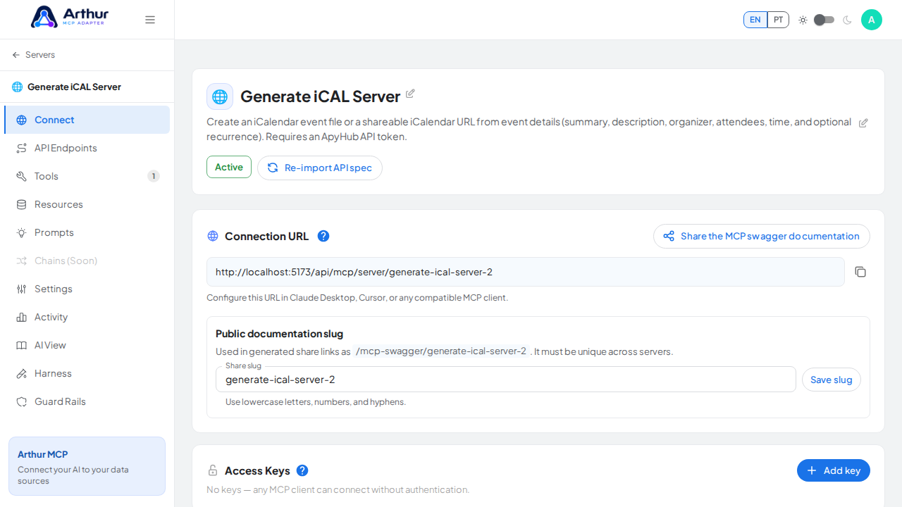 Open the server's Connect section, where the MCP endpoint and its documentation live