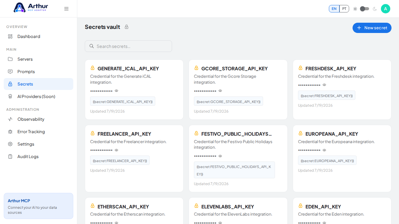 Open the Secrets vault to store the GetGenAI (Packaging Compliance Review) credential before using the template