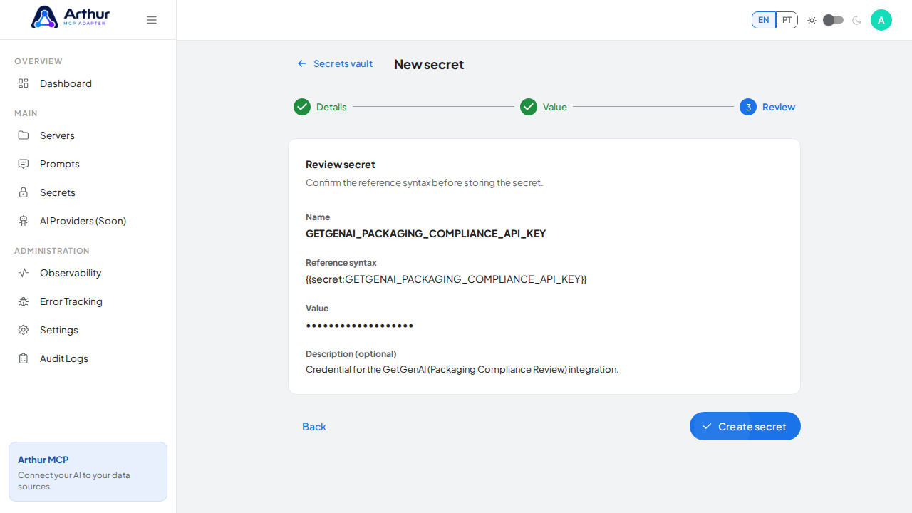 Review the generated secret reference syntax