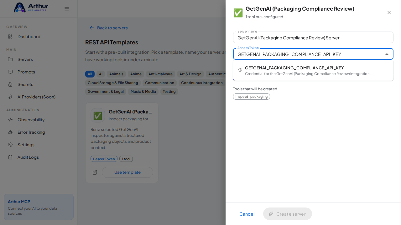 Pick the GETGENAIPACKAGINGCOMPLIANCEAPIKEY secret from the vault suggestions