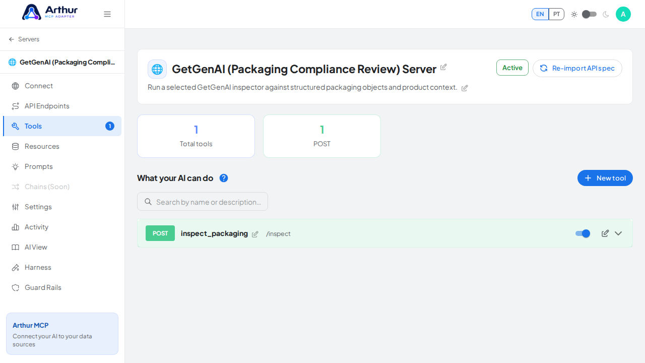 Review the tools generated from the GetGenAI (Packaging Compliance Review) template