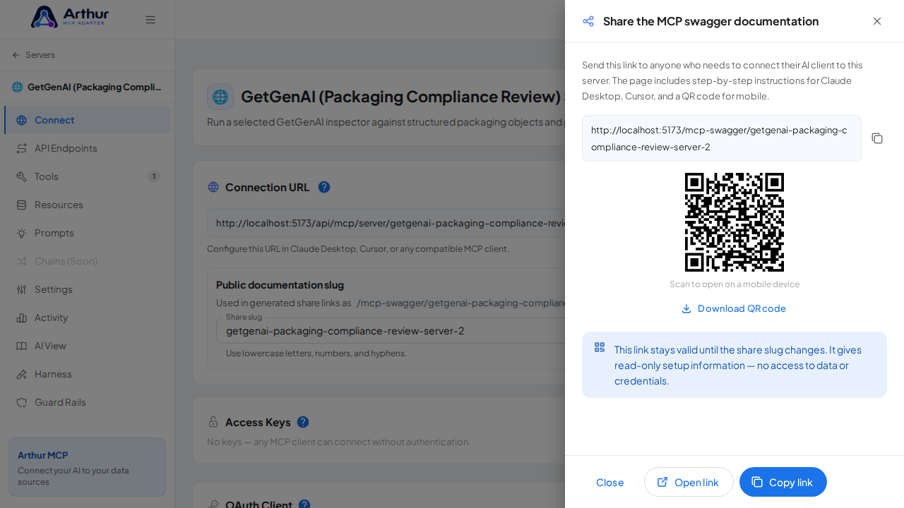 Show the generated swagger documentation link and QR code for this server