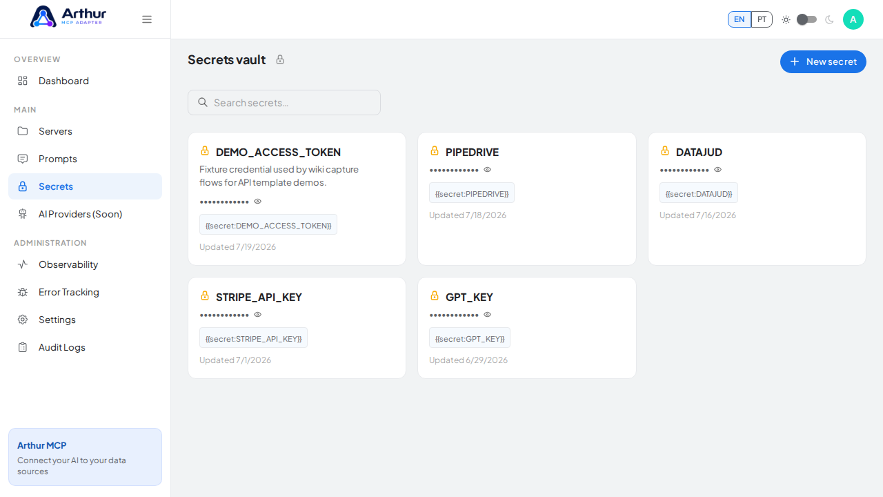 Open the Secrets vault to store the GitHub credential before using the template