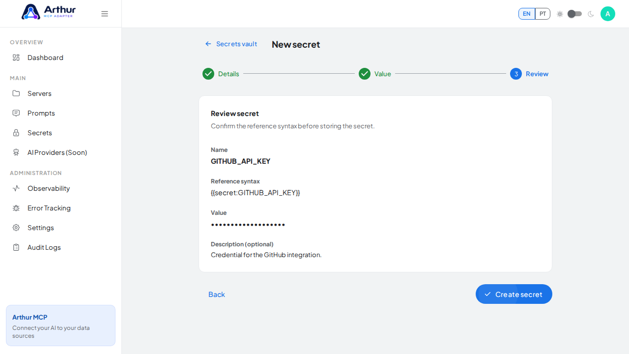 Review the generated secret reference syntax