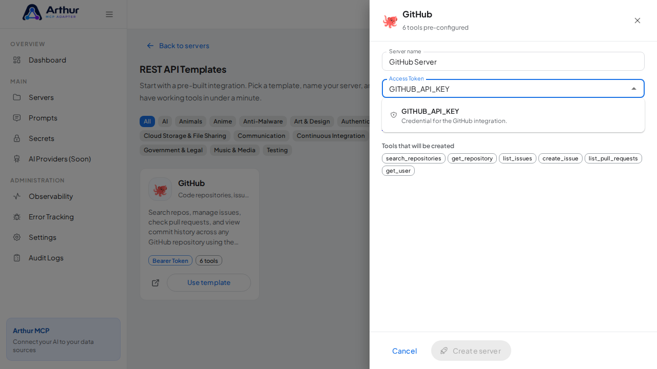 Pick the GITHUBAPIKEY secret from the vault suggestions