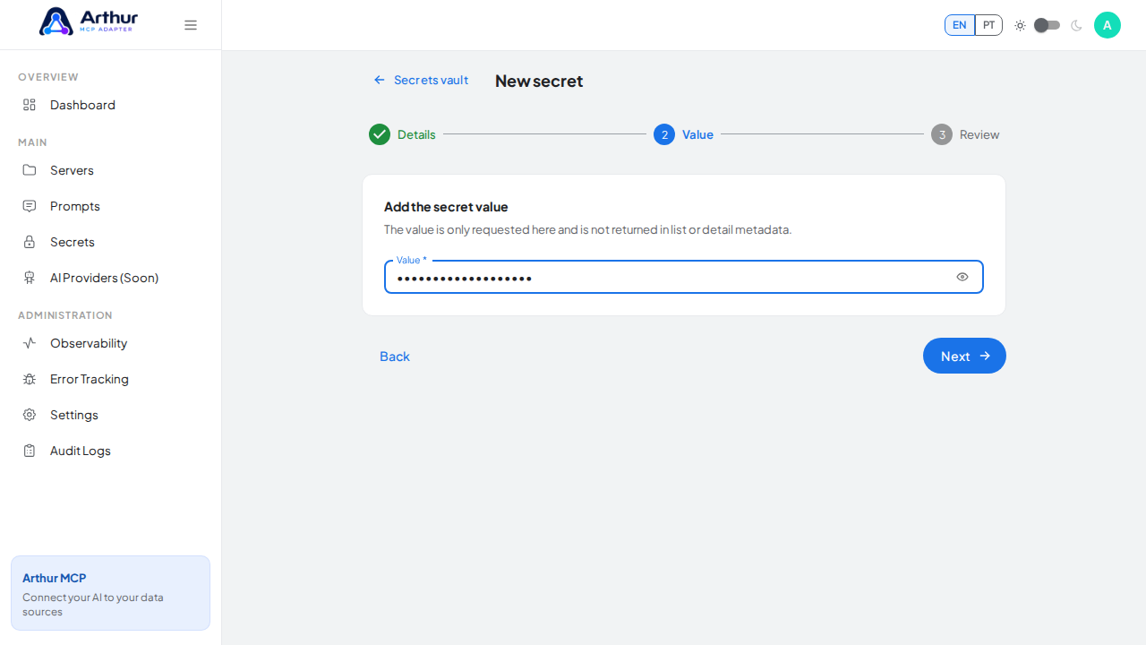 Enter the credential value — a demo value here; use your real key when adopting the integration