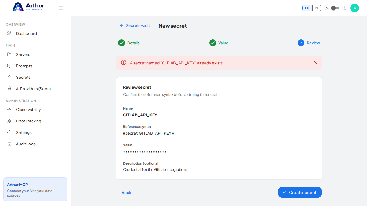 Store the GITLABAPIKEY secret in the vault