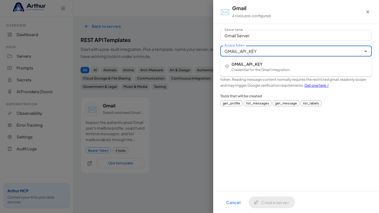 Pick the GMAILAPIKEY secret from the vault suggestions