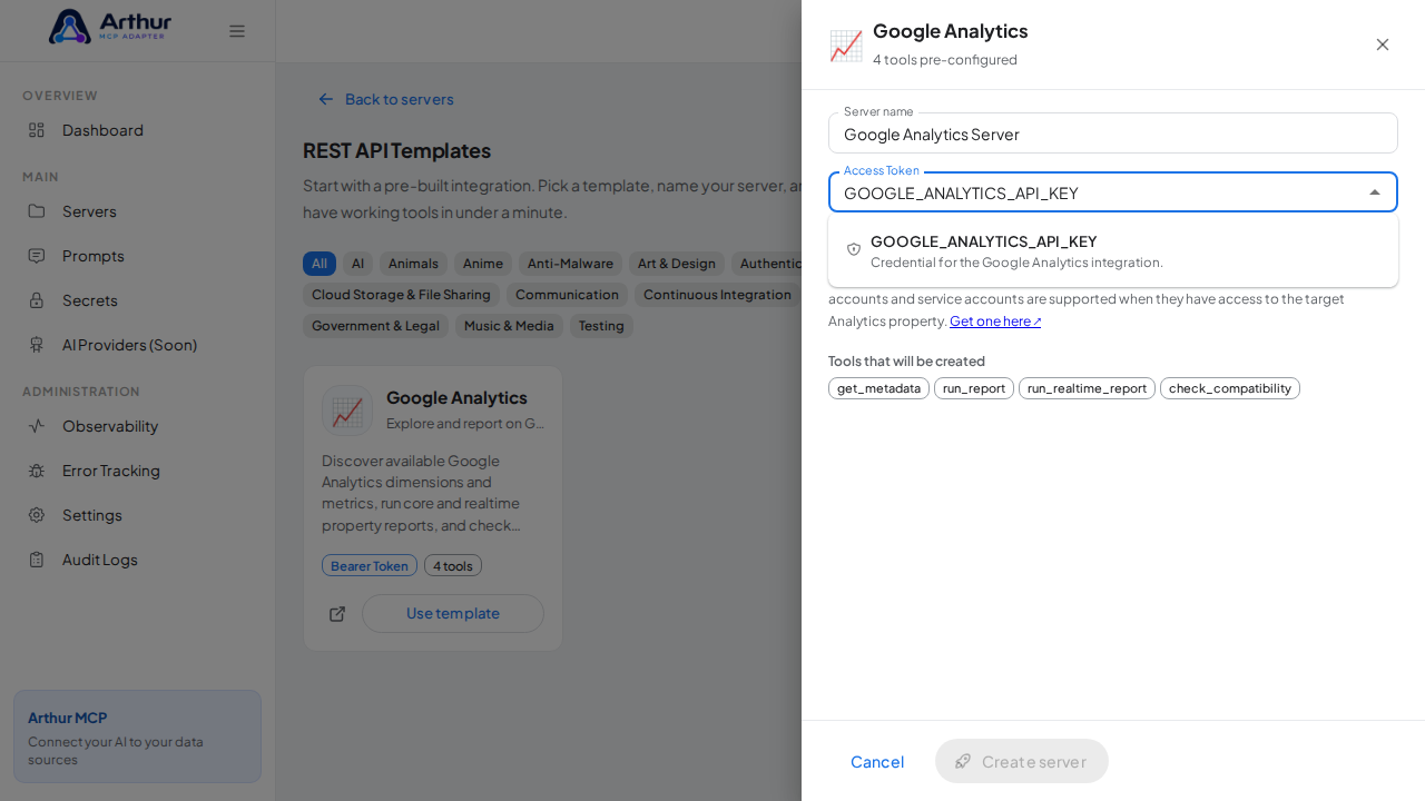 Pick the GOOGLEANALYTICSAPIKEY secret from the vault suggestions