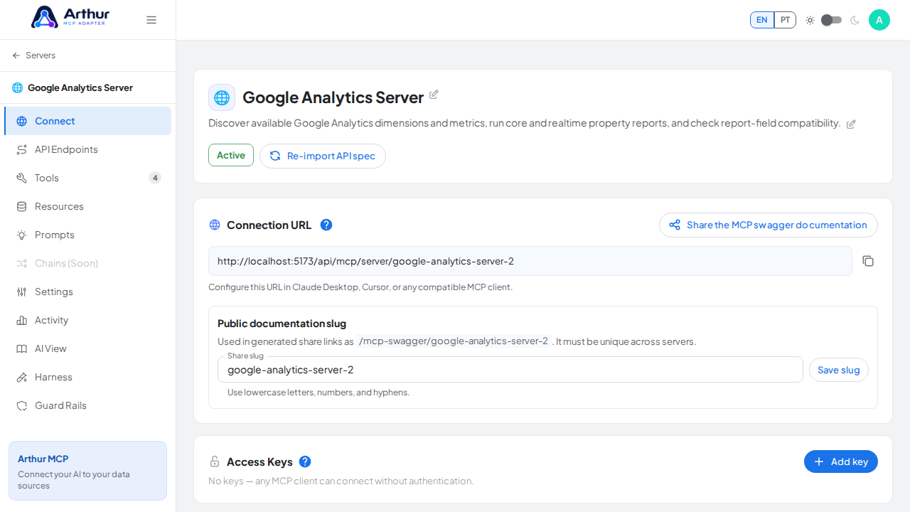Open the server's Connect section, where the MCP endpoint and its documentation live