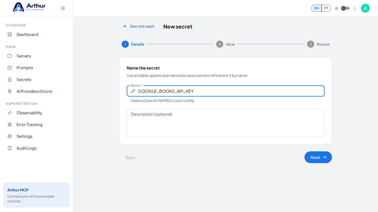 Name the secret GOOGLEBOOKSAPIKEY — servers reference it by this name