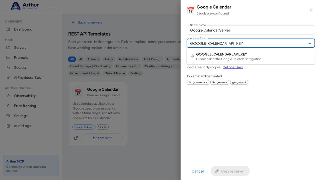 Pick the GOOGLECALENDARAPIKEY secret from the vault suggestions
