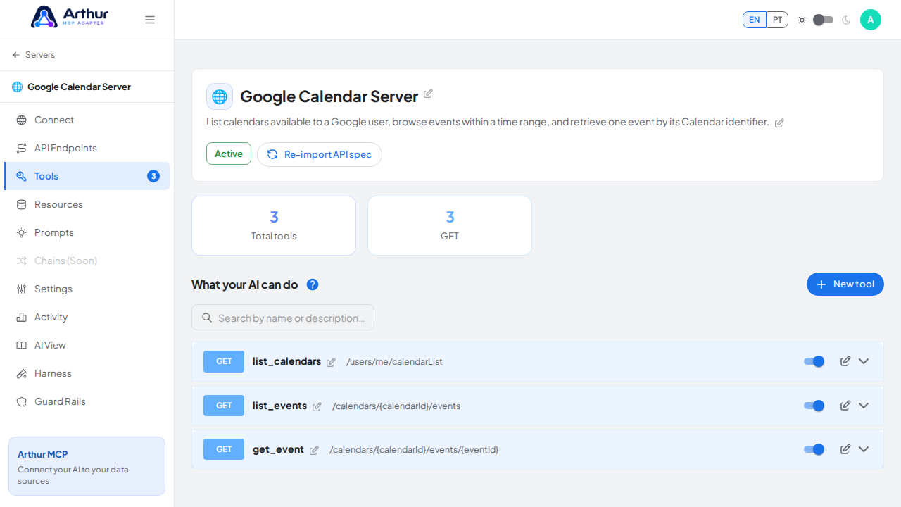 Review the tools generated from the Google Calendar template
