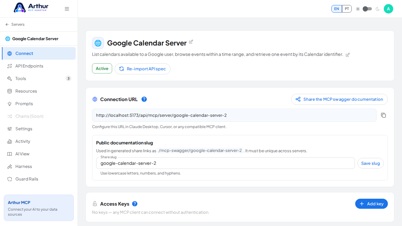 Open the server's Connect section, where the MCP endpoint and its documentation live