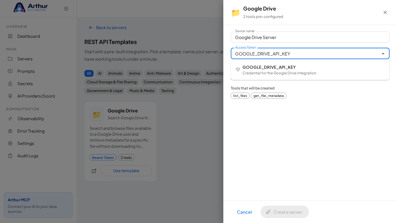 Pick the GOOGLEDRIVEAPIKEY secret from the vault suggestions