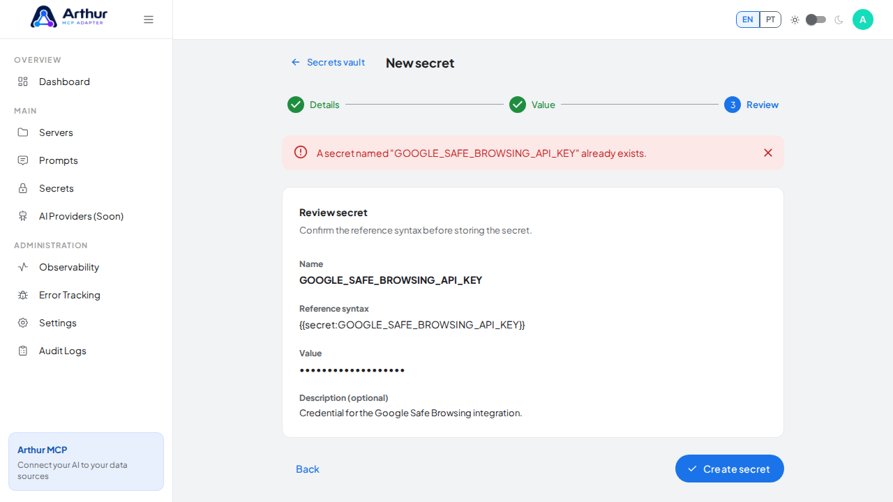 Store the GOOGLESAFEBROWSINGAPIKEY secret in the vault